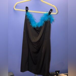 PrettyLittleThing Black Dress with Blue Feather Detail